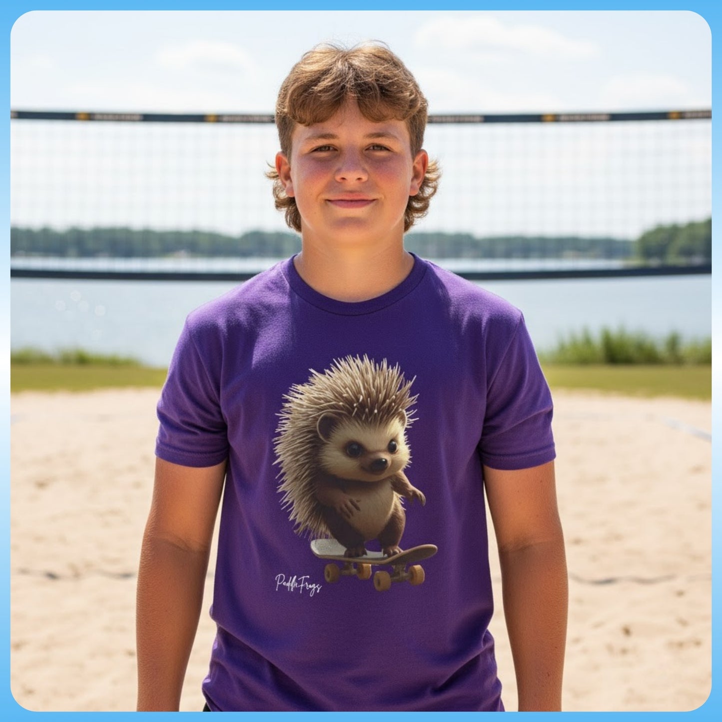 Edge the Hedgehog | Youth Skateboard T-Shirt purple at the beach volleyball court