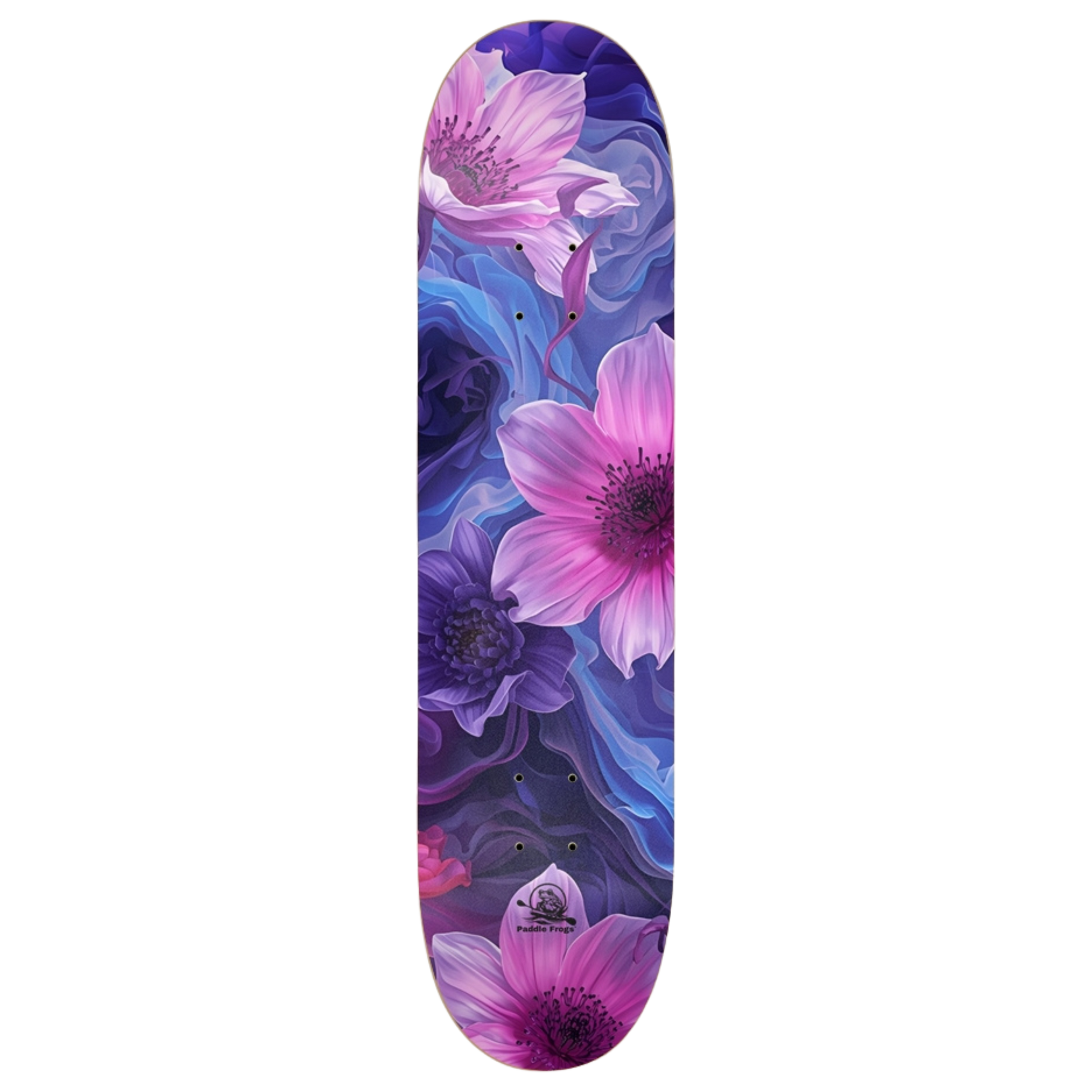 Skateboard deck with pink and purple floral design on a white background