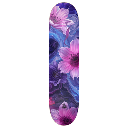 Skateboard deck with pink and purple floral design on a white background