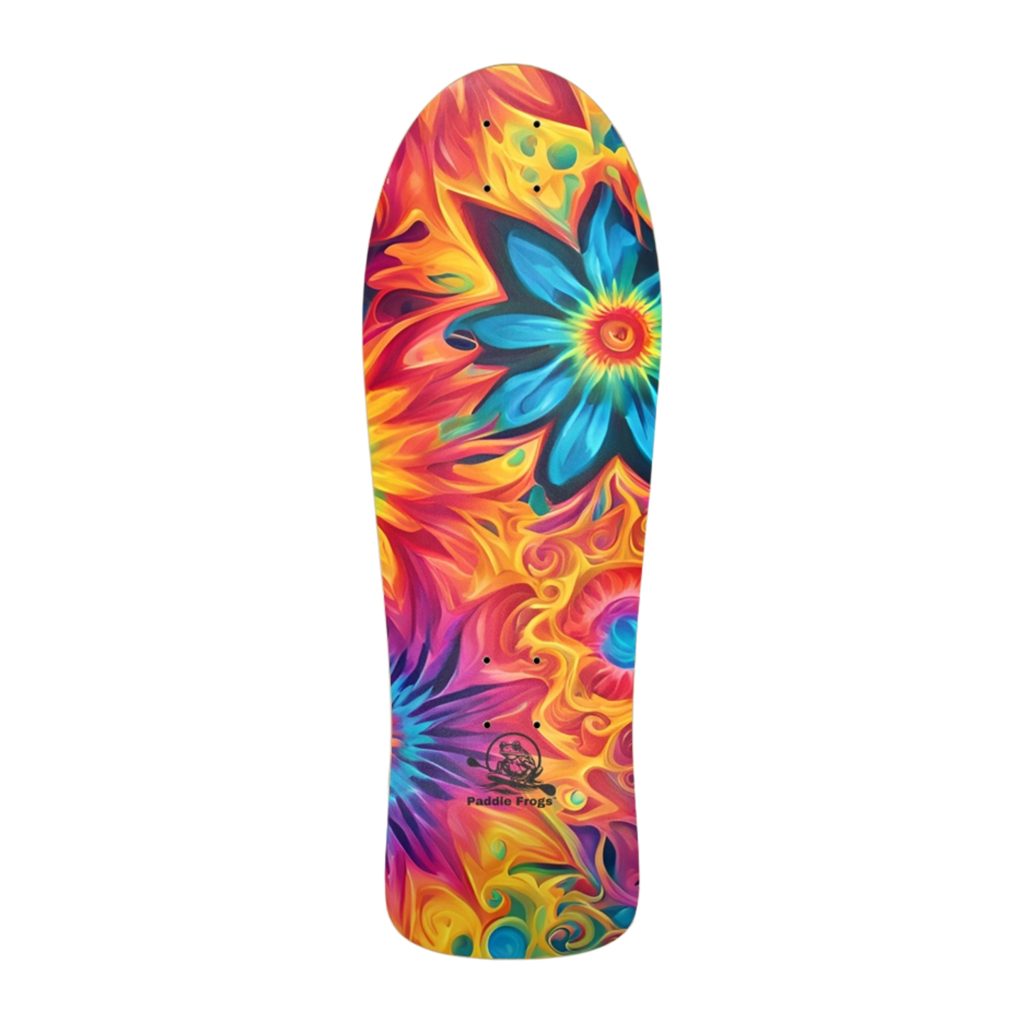 Colorful skateboard deck with a floral design on a white background