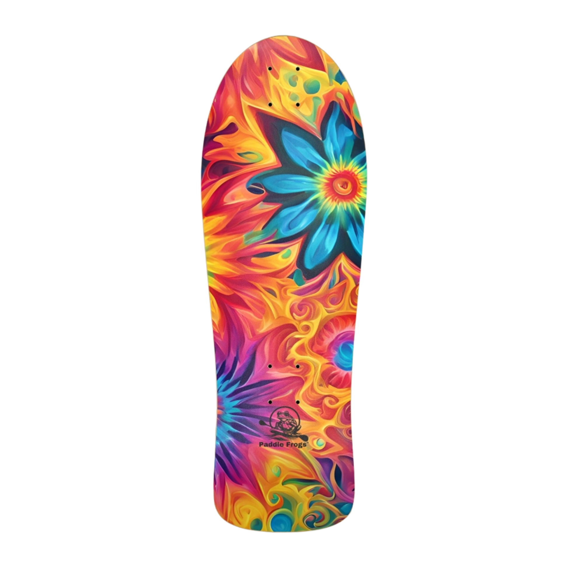 Colorful skateboard deck with a floral design on a white background