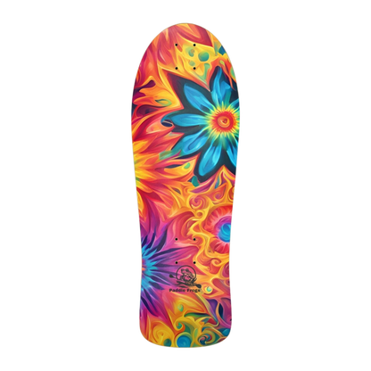 Colorful skateboard deck with a floral design on a white background