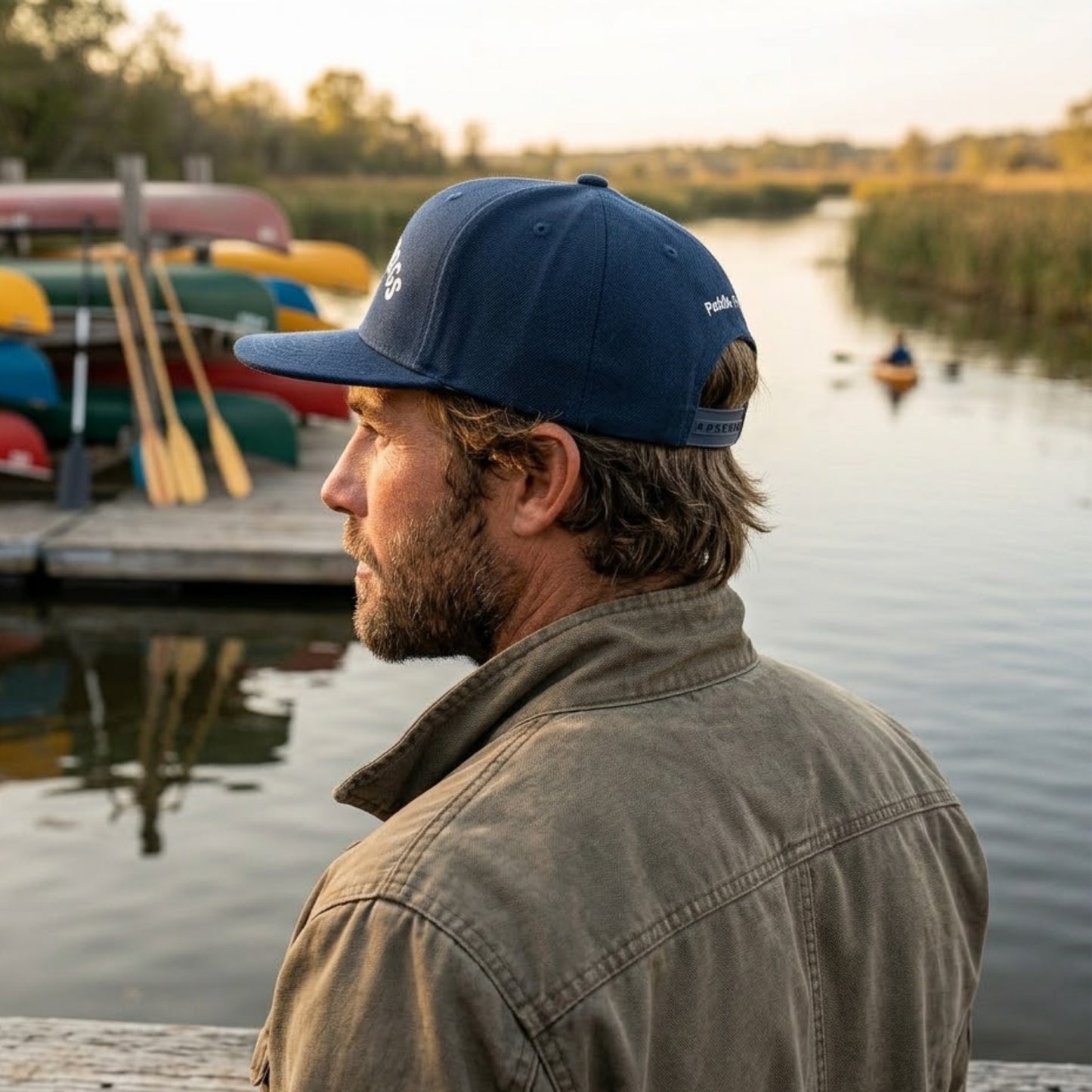 A man in profile wearing a navy blue baseball cap and an olive green jacket, sitting by a lake with kayaks and reeds in the background.