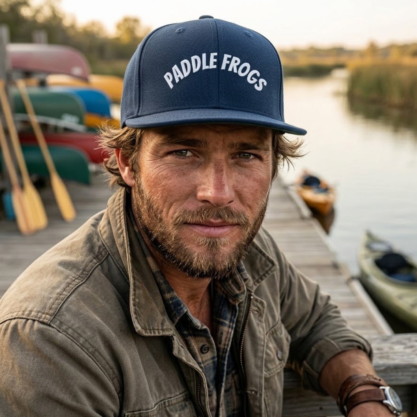 A man wearing a navy blue Paddle Frogs baseball cap and an olive green jacket, leaning on a wooden dock next to a calm lake with canoes in the background.