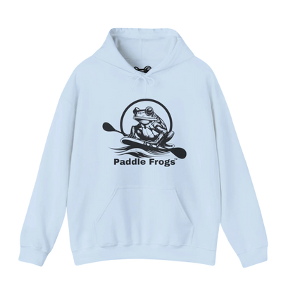 Light blue fleece hoodie with 'Paddle Frogs' logo on a white background
