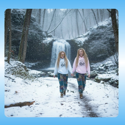 Extra Cozy & warm white Paddle Frogs Outdoor Gear Hoodie pull over coat Light Blue | Two people walking hand in hand on a snowy path with a waterfall in the background.