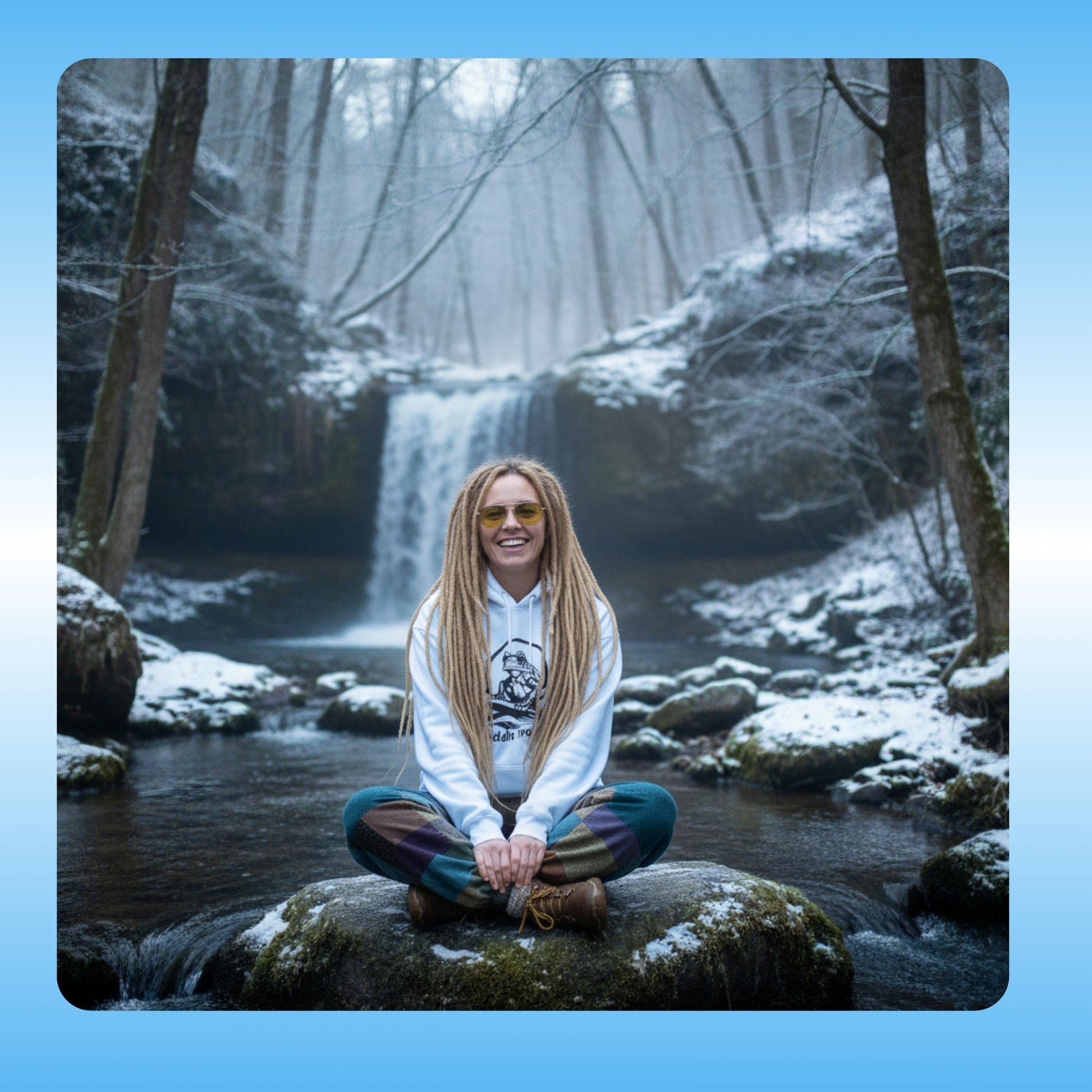 Extra Cozy & warm white Paddle Frogs Outdoor Gear Hoodie pull over coat Light Blue Person sitting on a rock in front of a snowy waterfall