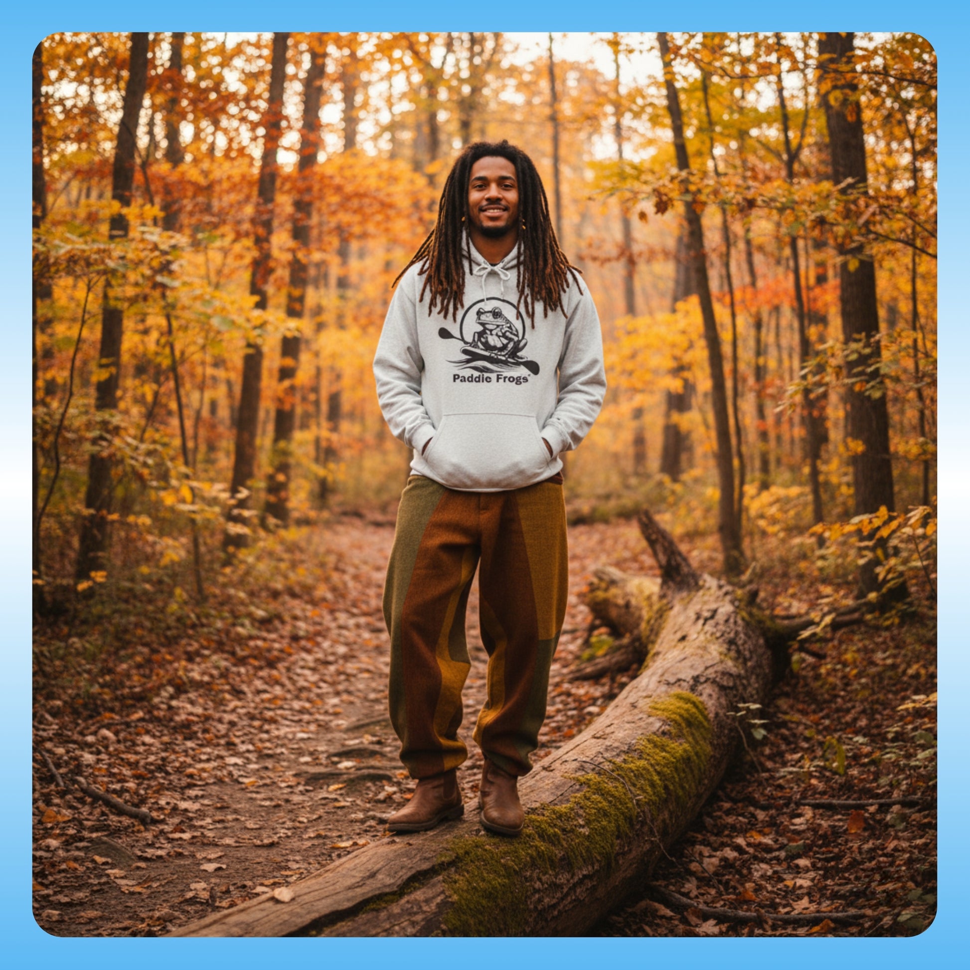 Extra Cozy & warm white Paddle Frogs Outdoor Gear Hoodie pull over coat grey | Person standing on a log in a forest with autumn foliage