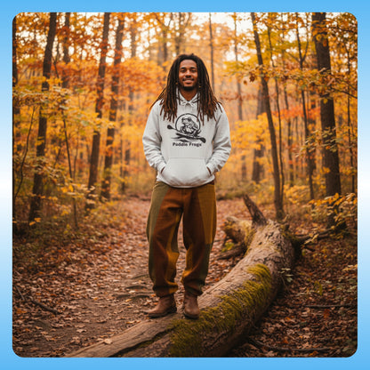 Extra Cozy & warm white Paddle Frogs Outdoor Gear Hoodie pull over coat grey | Person standing on a log in a forest with autumn foliage