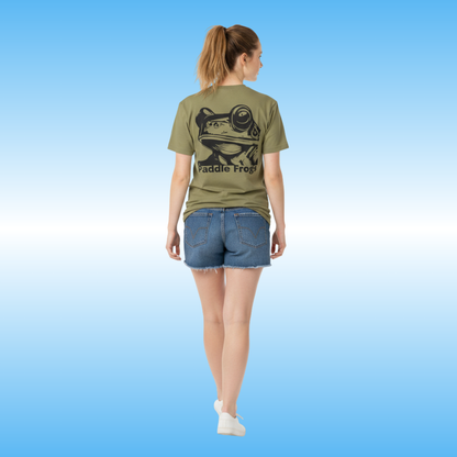 Earthy Tee | Paddle Frogs™ Person wearing a green t-shirt with a frog graphic and 'Paddle Frog' text on a blue background