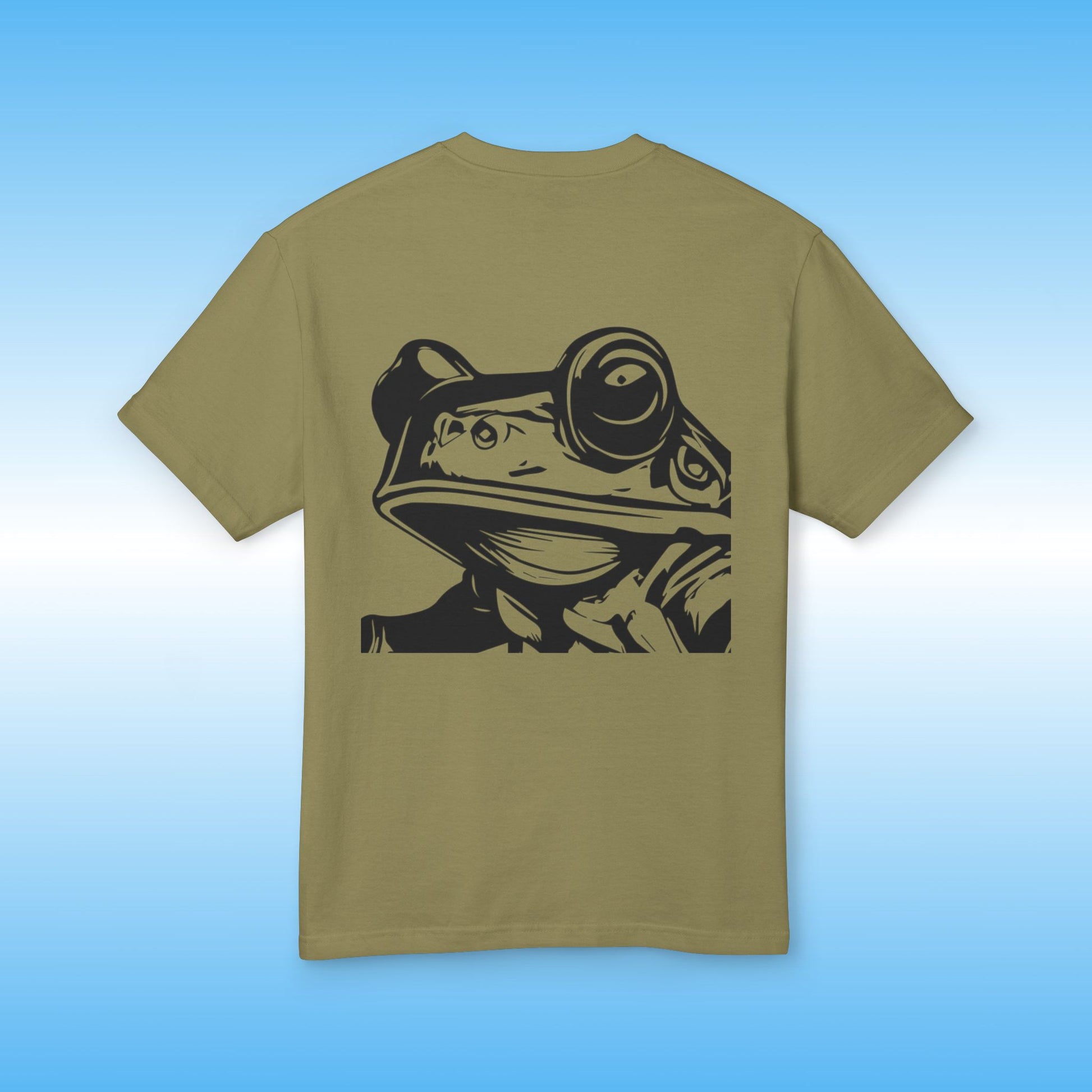 Faded Army Green Khaki t-shirt with a black frog graphic on a blue gradient background | Paddle Frogs Earthy Tee collection