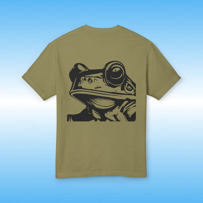 Faded Army Green Khaki t-shirt with a black frog graphic on a blue gradient background | Paddle Frogs Earthy Tee collection