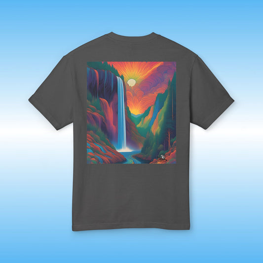 Faded Black t-shirt with a colorful Pop Art waterfall and mountain design on a blue background by Paddle Frogs Outdoor Gear