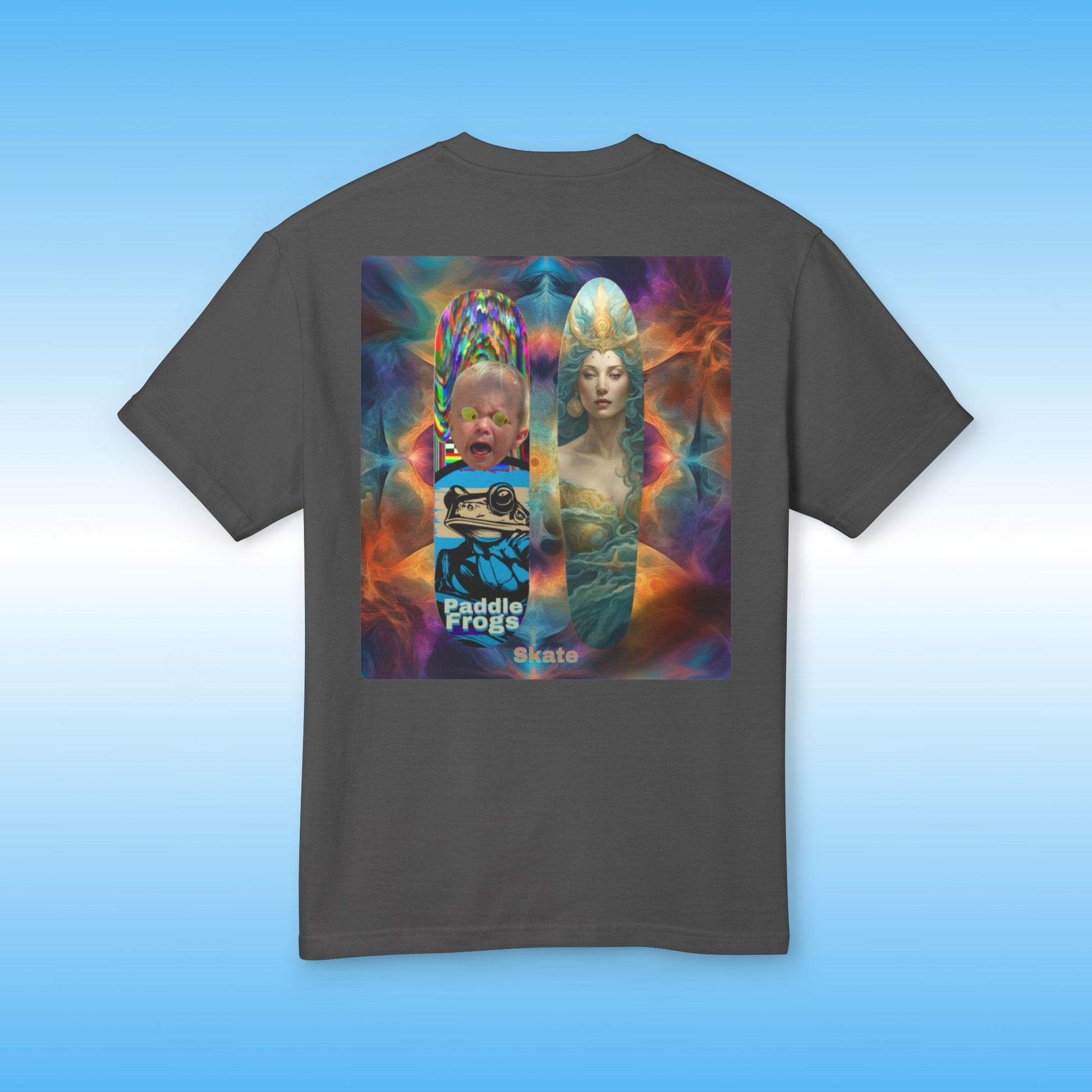 Faded Black t-shirt with a colorful graphic design Olive Chaos vs Sea Queen Skater shirt on the back against a blue gradient background