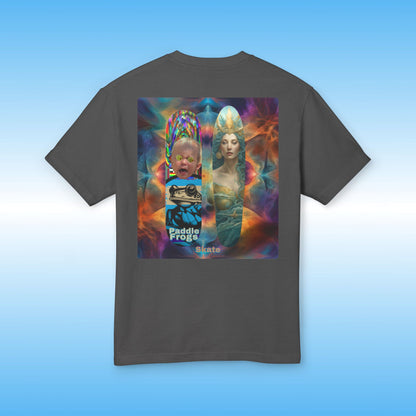 Faded Black t-shirt with a colorful graphic design Olive Chaos vs Sea Queen Skater shirt on the back against a blue gradient background