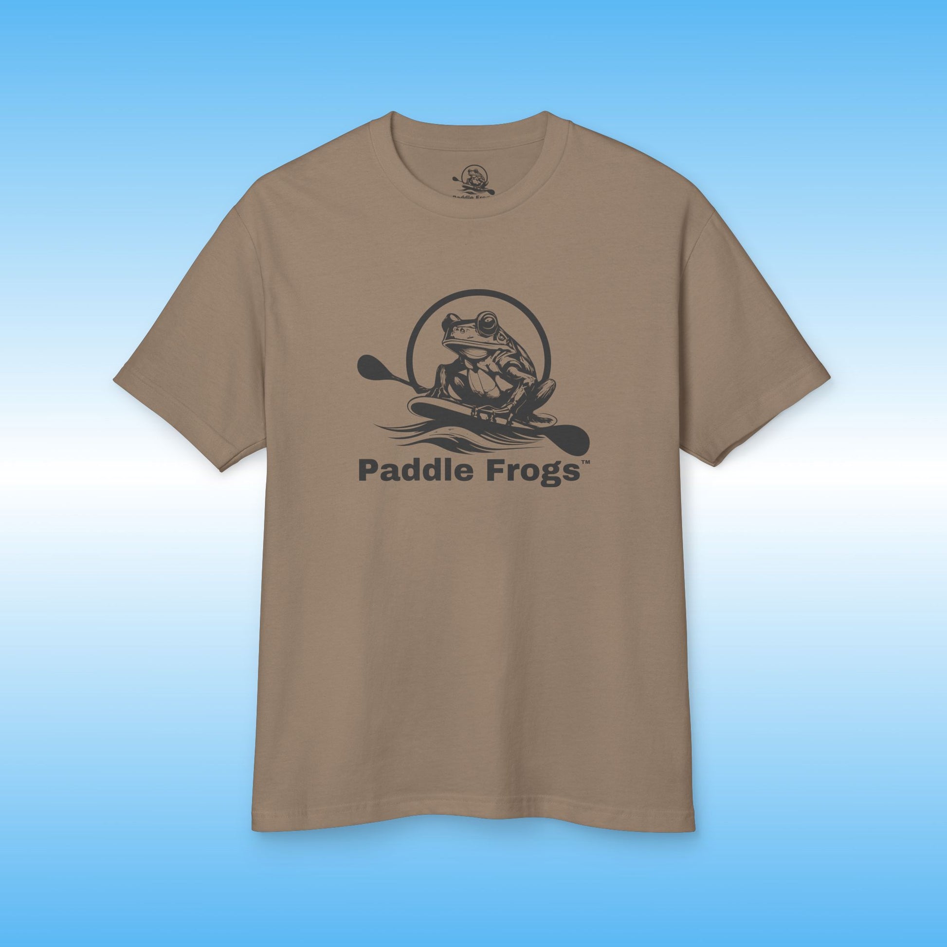 Faded Dark Brown t-shirt with 'Paddle Frogs' logo on a blue background | from the Earth Tee's collection