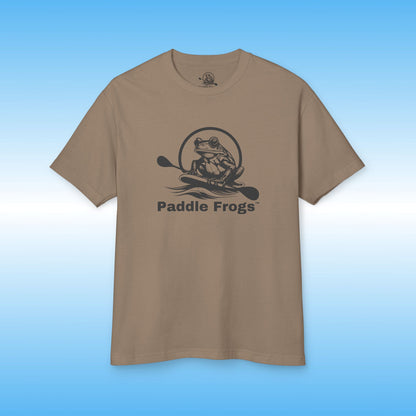 Faded Dark Brown t-shirt with 'Paddle Frogs' logo on a blue background | from the Earth Tee's collection