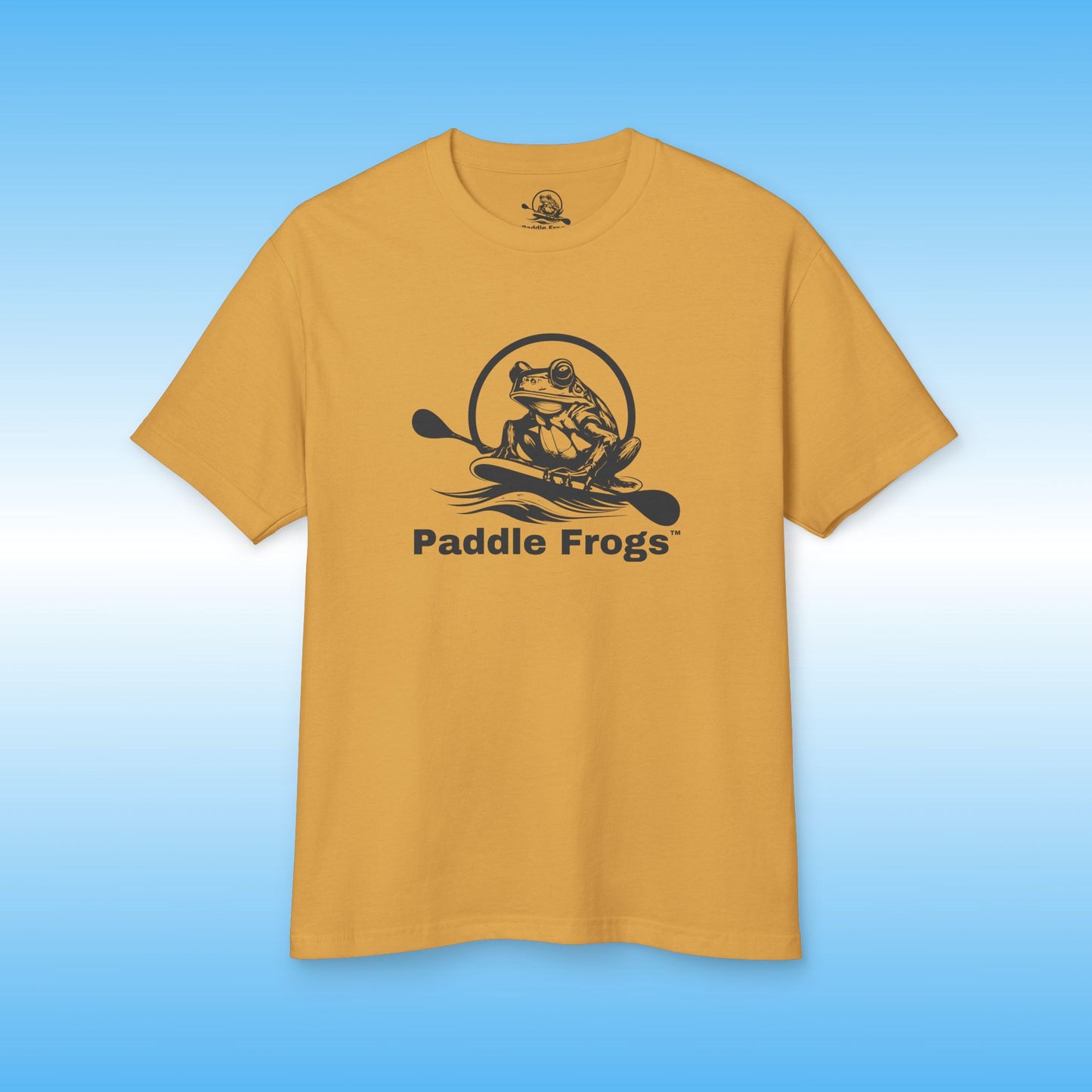 Faded Mustard Yellow t-shirt with 'Paddle Frogs' logo on a blue background