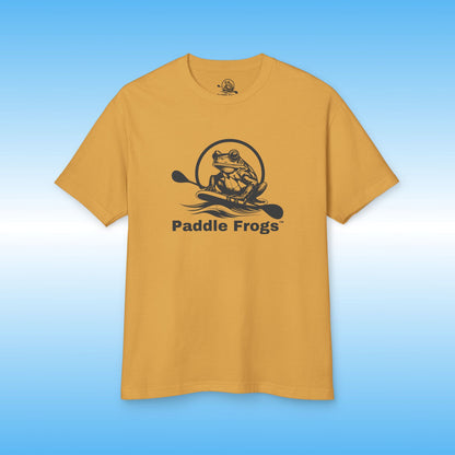 Faded Mustard Yellow t-shirt with 'Paddle Frogs' logo on a blue background