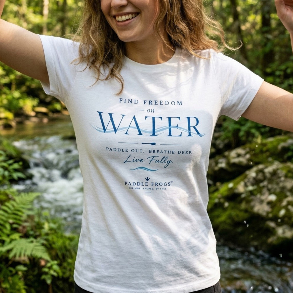 Find Freedom on Water Women’s Tee | Paddle Frogs™ t-shirt for young ladies that love kayaking and paddleboarding white color