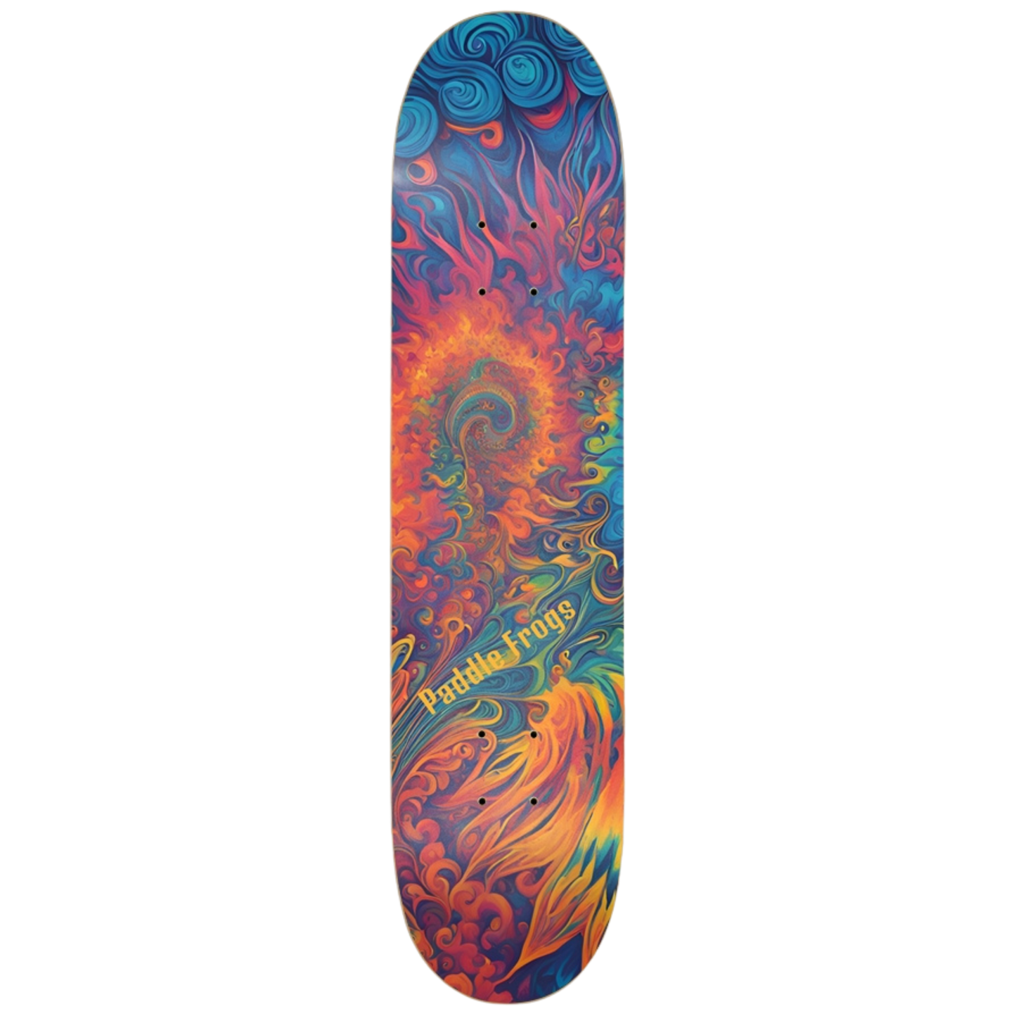 Unleash your inner blaze with the Fire Flower Tie Dye 7.5" popsicle deck by Paddle Frogs. A hypnotic, vibrant art piece on 7-ply Canadian Maple, perfect for small feet, young skaters, and precise trick work. See the colors of the ride!