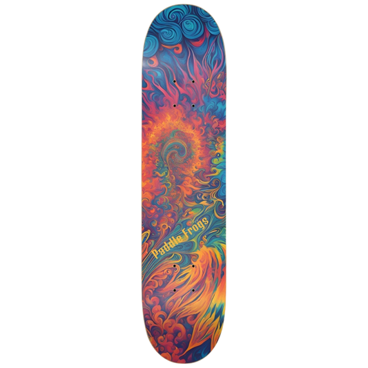 Unleash your inner blaze with the Fire Flower Tie Dye 7.5" popsicle deck by Paddle Frogs. A hypnotic, vibrant art piece on 7-ply Canadian Maple, perfect for small feet, young skaters, and precise trick work. See the colors of the ride!