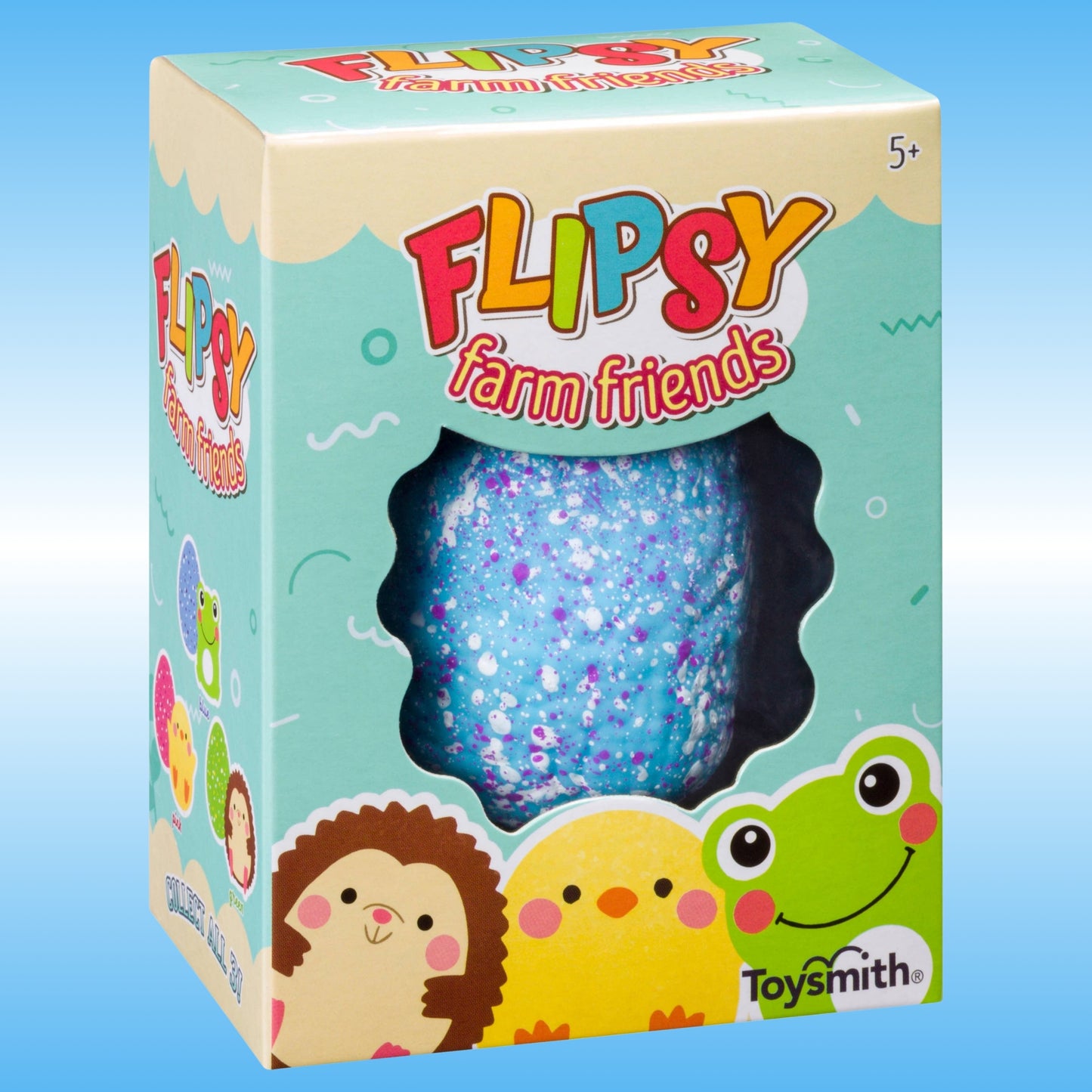 Toysmith Flipsy Farm Friends toy box containing a blue glittery egg that transforms into a cute fidget sensory Toy, shown on a light blue gradient background.