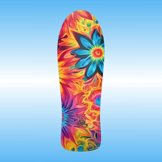 Flower Tie Dye classic old school retro skateboard deck | colorful board by Paddle Frogs skate shop | Colorful tie-dye skateboard deck with a floral design on a blue gradient background