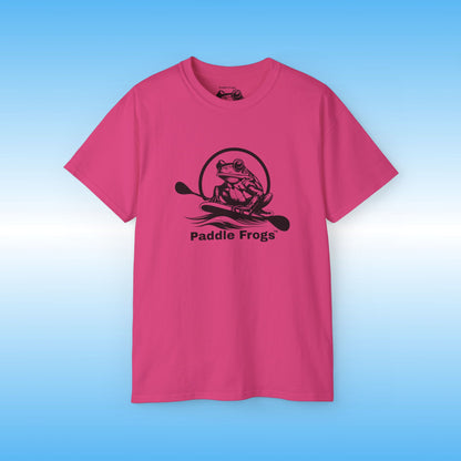 Folwer Pink t-shirt with 'Paddle Frogs' graphic on a blue background