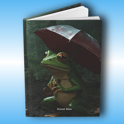 Forest Rain - green frog holding a red umbrella on a wooded trail - Paddle Frogs Journal - Hard Cover | Poetry,  and rain rainstorms bring this to peaceful forest of love and art | Standing Open Perspective image
