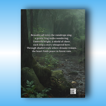 Forest Rain - green frog holding a red umbrella on a wooded trail - Paddle Frogs Journal - Hard Cover | Poetry,  and rain rainstorms bring this to peaceful forest of love and art | back cover image | Book cover with a forest scene and a poem about rain and nature.