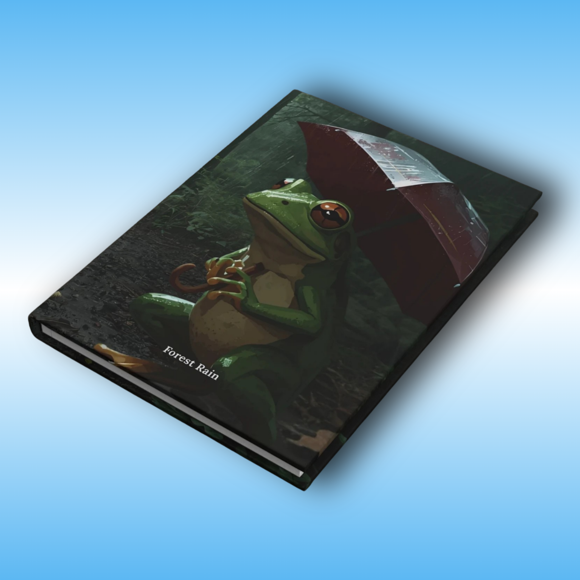 Forest Rain - green frog holding a red umbrella on a wooded trail - Paddle Frogs Journal - Hard Cover | Poetry,  and rain rainstorms bring this to peaceful forest of love and art | cover art Perspective image | Notebook with a frog illustration on a blue gradient background