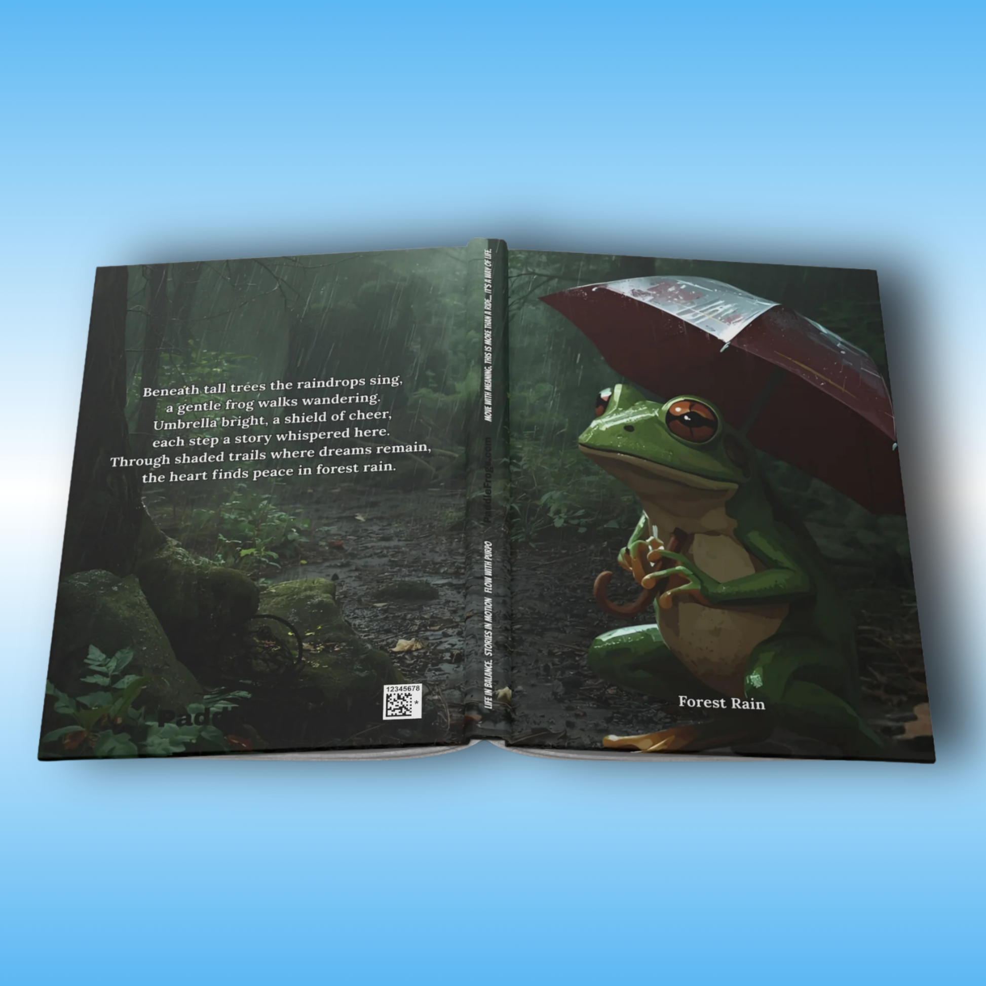 Forest Rain - green frog holding a red umbrella on a wooded trail - Paddle Frogs Journal - Hard Cover | Poetry,  and rain rainstorms bring this to peaceful forest of love and art | open to show full cover front and back | Open book with a frog holding an umbrella on one page and text on the other, against a blue background.