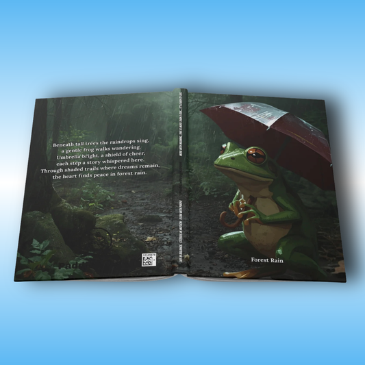 Forest Rain - green frog holding a red umbrella on a wooded trail - Paddle Frogs Journal - Hard Cover | Poetry,  and rain rainstorms bring this to peaceful forest of love and art | open to show full cover front and back | Open book with a frog holding an umbrella on one page and text on the other, against a blue background.