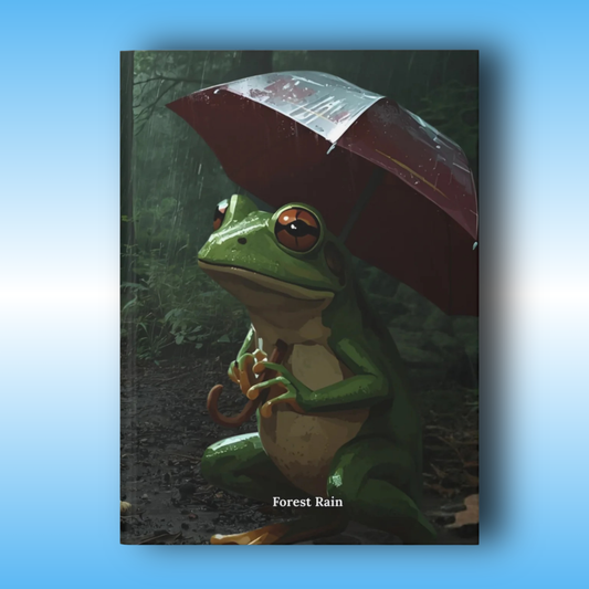 Forest Rain - green frog holding a red umbrella on a wooded trail - Paddle Frogs Journal - Hard Cover | Poetry,  and rain rainstorms bring this to peaceful forest of love and art | front cover image | Frog holding an umbrella with 'Forest Rain' text on a dark background