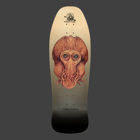 Friendly Thoughts classic old school skateboard deck by Paddle Frogs Outdoor Gear. The creature from the Lady Frog adventure stories. Live your best life.