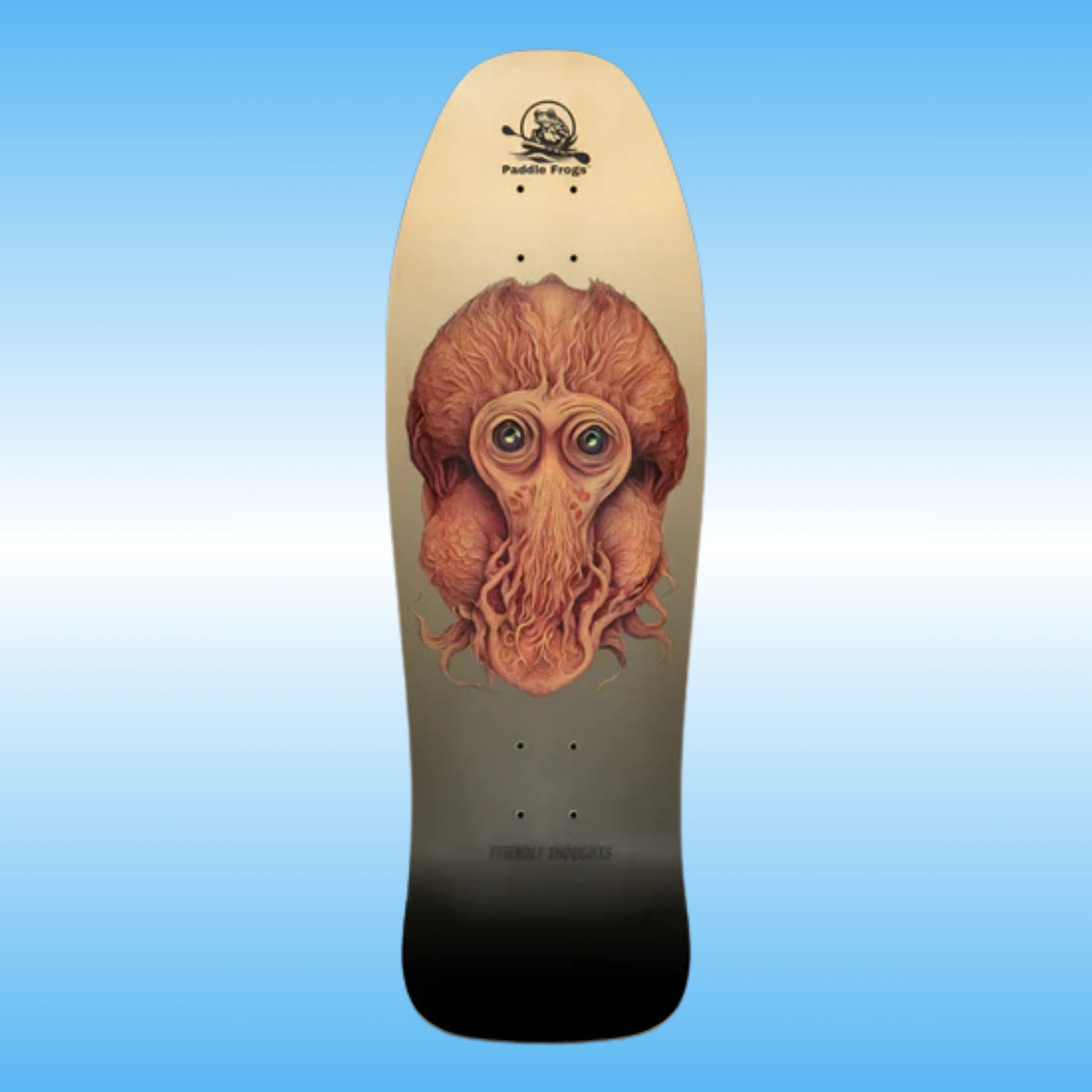 Friendly Thoughts retro classic thrasher skateboard deck by Paddle Frogs | character creature Artwork 