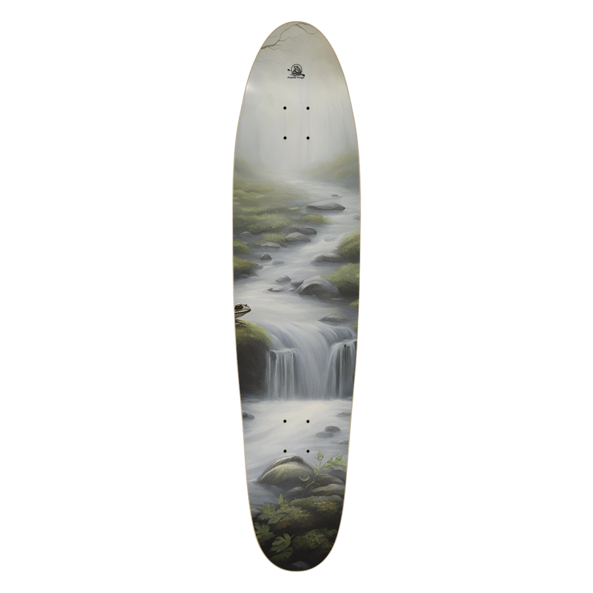 Skateboard deck with a nature-themed design of a waterfall and rocks Frog Creek Longboard by Paddle Frogs