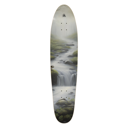 Skateboard deck with a nature-themed design of a waterfall and rocks Frog Creek Longboard by Paddle Frogs