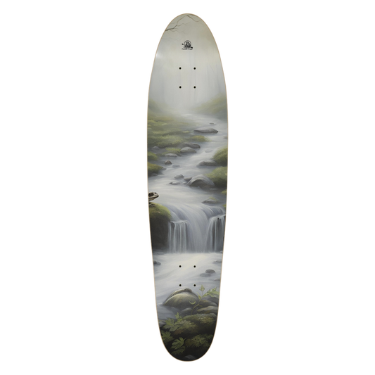 Skateboard deck with a nature-themed design of a waterfall and rocks Frog Creek Longboard by Paddle Frogs
