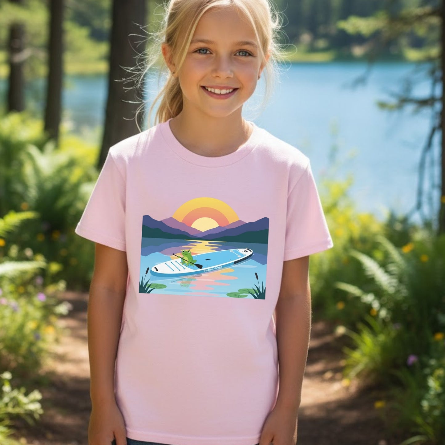 Young girl wearing a pink Paddle Frogs paddleboarding t-shirt with a paddleboarding design in a natural setting.