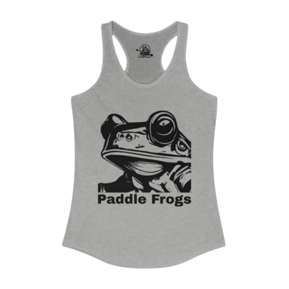 Ladies Heather Gray tank top with a black frog graphic and 'Paddle Frogs' text on a white background