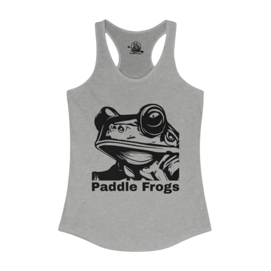 Ladies Heather Gray tank top with a black frog graphic and 'Paddle Frogs' text on a white background