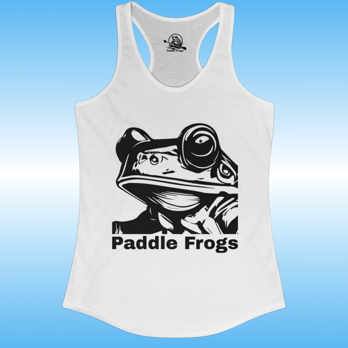 Frog Face | Ladies Tank Top by Paddle Frogs | White tank top with a black frog graphic and 'Paddle Frogs' text on a blue background