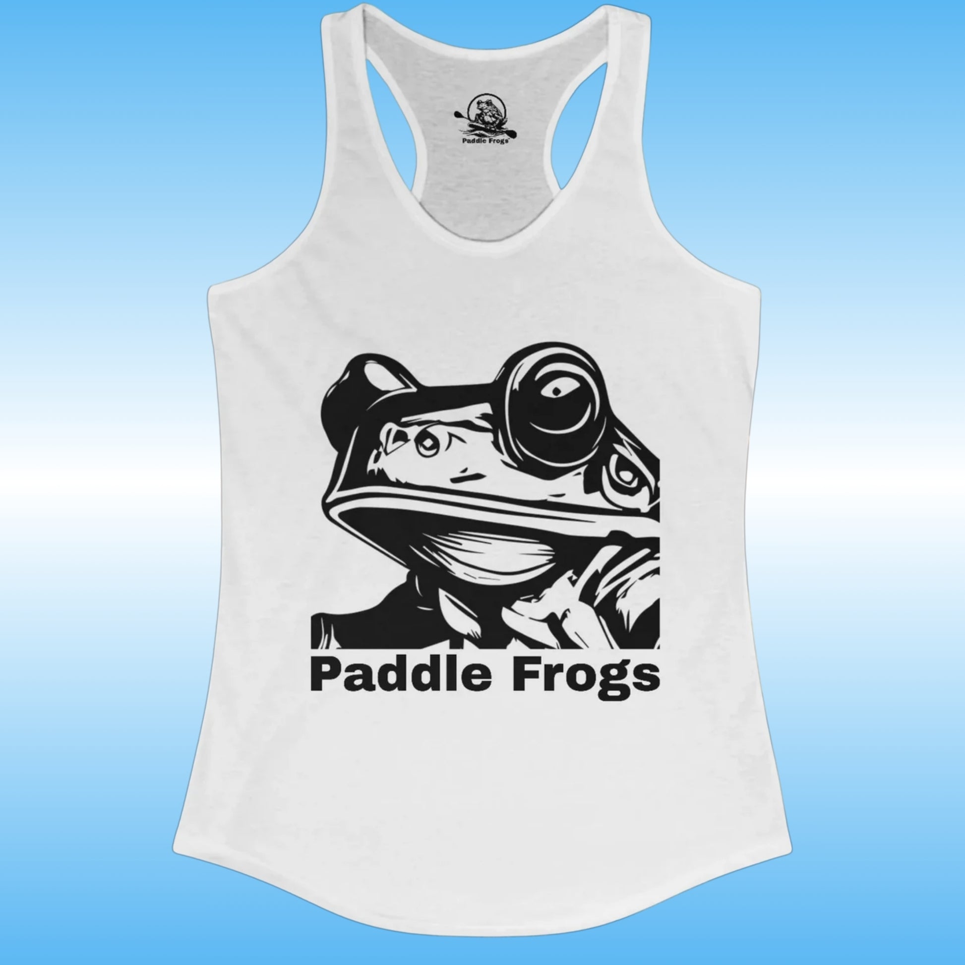 Frog Face | Ladies Tank Top by Paddle Frogs | White tank top with a black frog graphic and 'Paddle Frogs' text on a blue background