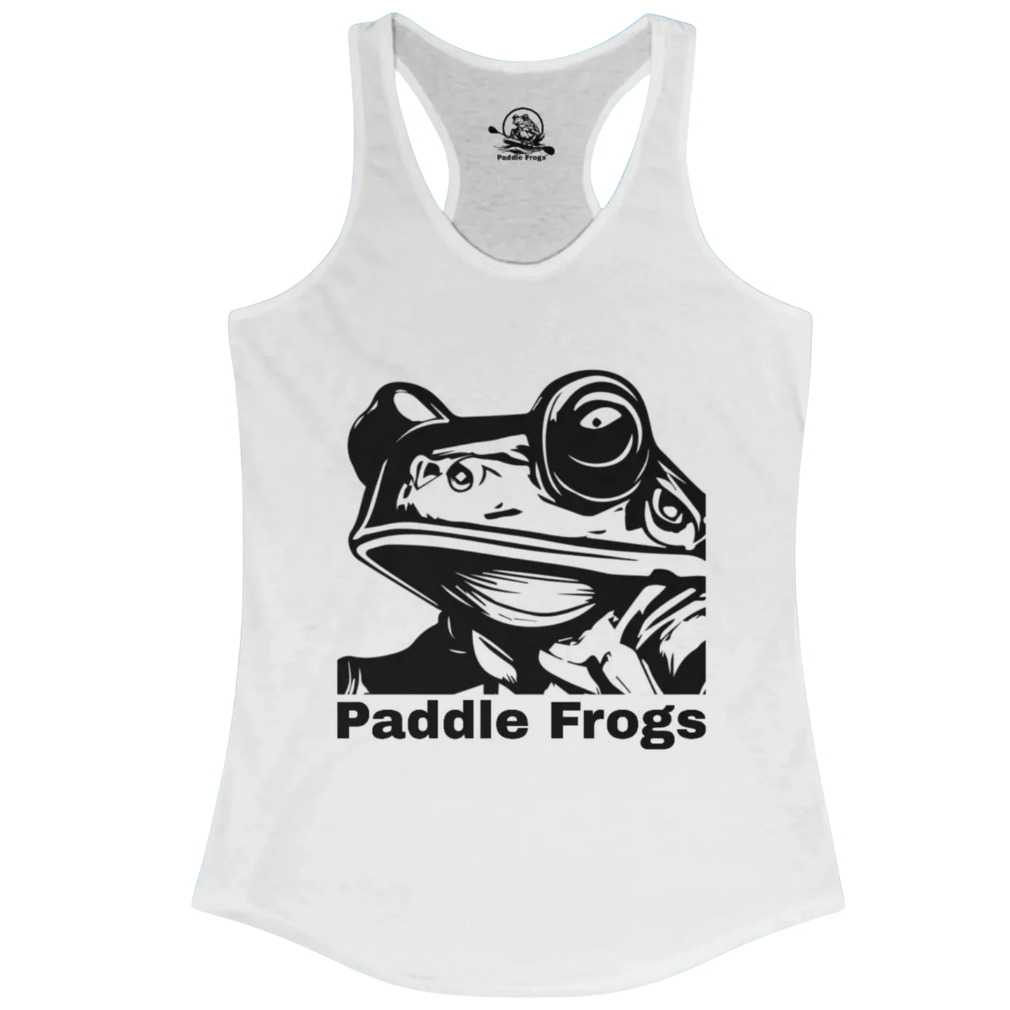 Paddle Frogs Frog Face | Ladies White tank top with black frog graphic and 'Paddle Frogs' text on a white background