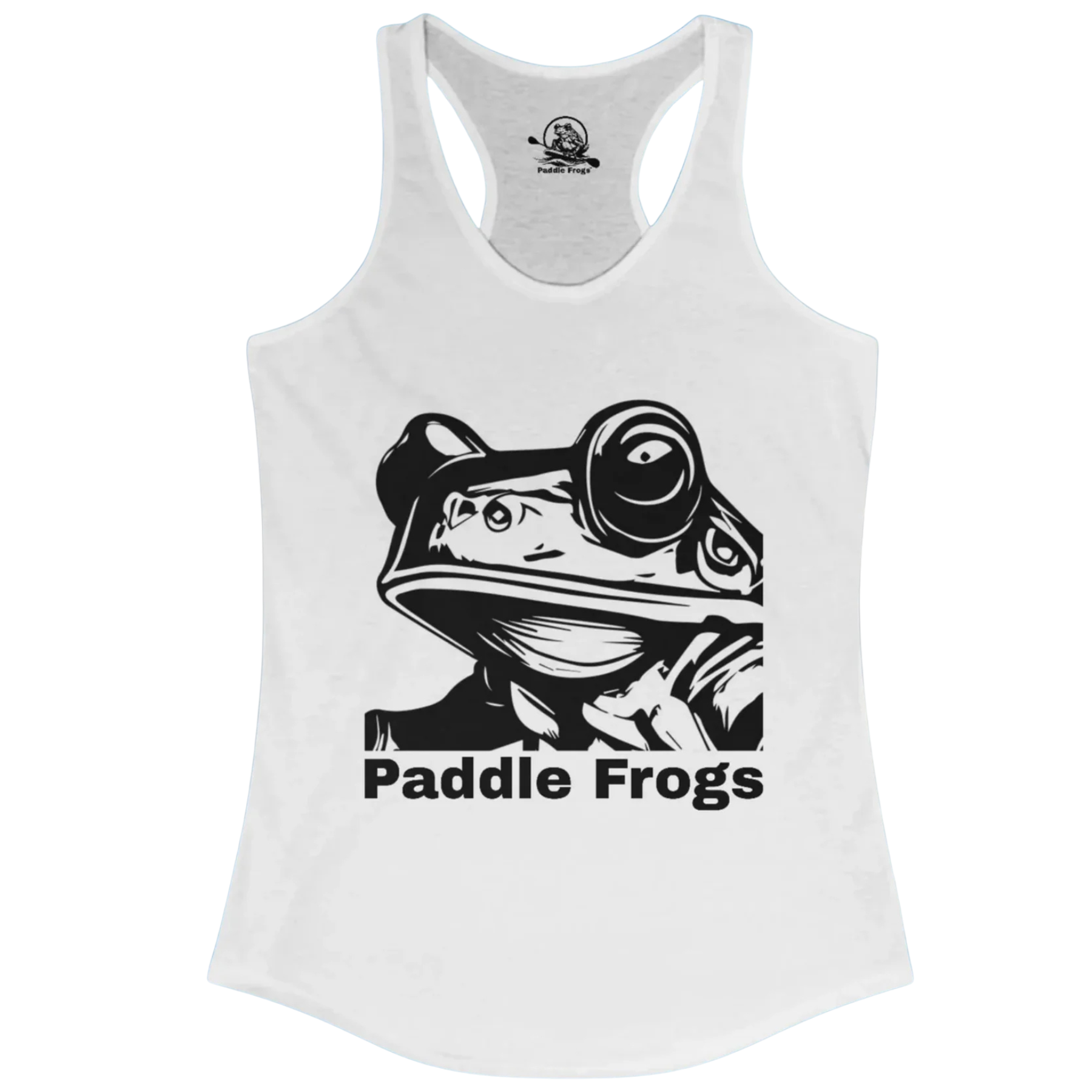 Paddle Frogs Frog Face | Ladies White tank top with black frog graphic and 'Paddle Frogs' text on a white background