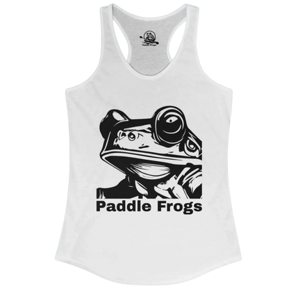 Paddle Frogs Frog Face | Ladies White tank top with black frog graphic and 'Paddle Frogs' text on a white background
