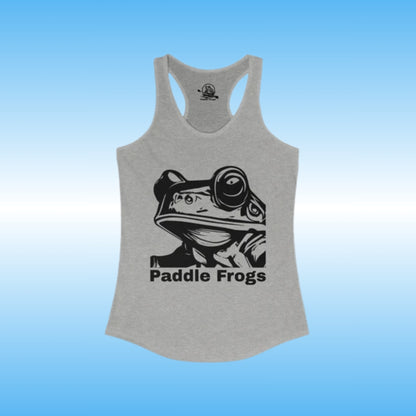 Frog Face ladies heather grey tank top by Paddle Frogs | Gray tank top with a black frog graphic and 'Paddle Frogs' text on a blue gradient background