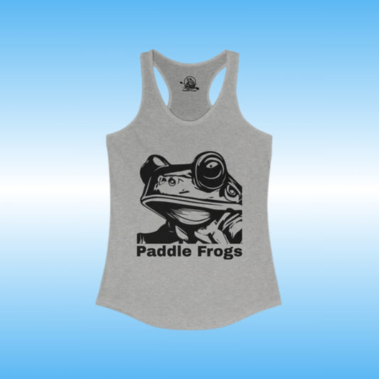 Frog Face ladies heather grey tank top by Paddle Frogs | Gray tank top with a black frog graphic and 'Paddle Frogs' text on a blue gradient background